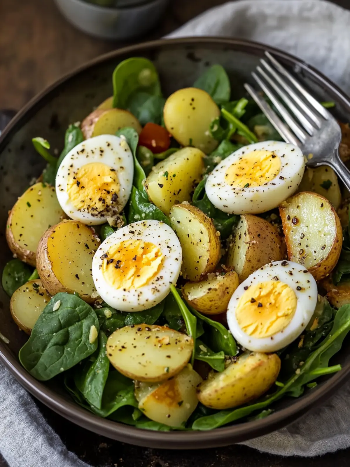 Garlic Roasted Potato Spinach Salad with Eggs for Cozy Nights 5 Garlic Roasted Potato Spinach Salad with Eggs