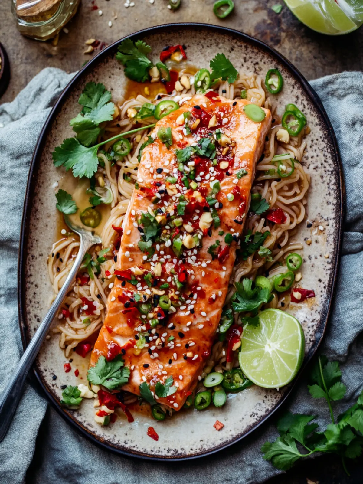 Sticky, Sweet, Spicy Asian Salmon & Rice Noodles